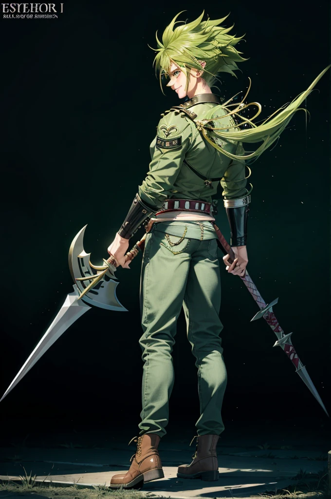 masterpiece, best quality, Highly detailed, ((1man)), (adult),  green eyebrows, green hair, sting_eucliffe, {{very long raised spiked hair}}, combat  boots, expressive green eyes, perfect face, smile, {{massive body builder body}}, {tall}, (wears leather green jacket and jeans), gigantic battle spear hammer axe, ((full body)), {{{{back view}}}}