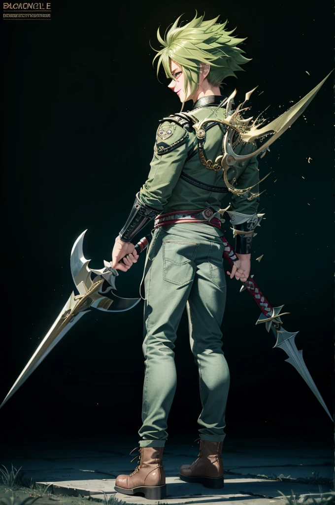 masterpiece, best quality, Highly detailed, ((1man)), (adult),  green eyebrows, green hair, sting_eucliffe, {{very long raised spiked hair}}, combat  boots, expressive green eyes, perfect face, smile, {{massive body builder body}}, {tall}, (wears leather green jacket and jeans), gigantic battle spear hammer axe, ((full body)), {{{{back view}}}}