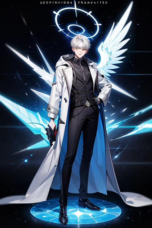 {{quality,masterpiece}},quality,the ultra-detailed,((1 teenager)),a handsome,youthfulenergy,A 17-year-old boy,,Ark of tomorrow style,(tmasterpiece:1.4,Best quality))++,(hyper-detailing)+,(Best quality,hyper-detailing,vibrant with colors,rich colourful,dynamic angle,hight contrast:1.2),(tmasterpiece,Best quality,style of anime,a sense of atmosphere,higher detailed,cg render,Standing painting,ray traycinodern day,sci-fy,Divine top light),A boy,Height about 171cm,holographic projections,white color hair,Short gray hair,Blue pupil,White hooded coat,There is a black gun in his hand(Blue accents,high qulity,hyper-detailing),blue black white bootinor,,The overall color is:white colors,in different shades of blue,black in color ,There is a square light blue halo on the head,There are icy blue fragment-shaped wings on the back.,angel but modern version,Smooth floor, crystals(The background is a starry sky),Draw the whole body,delicated face,exquisite facial featurerom below:0.5), Fashionab, with dynamism, garments, posing on a, frontage, rich colourful, dyna, Background with, element in, self-assured, Expressing the, statement, fittings, A majestic, coil, Runt, Scenes, Cover of a, boldness, attention-grabbing, Fashionab, typeface, Catchy, attention-grabbinodern day, Fashionab, focal, Fashionab