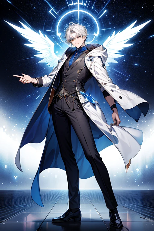 {{quality,masterpiece}},quality,the ultra-detailed,((1 teenager)),a handsome,youthfulenergy,A -yeld boArk of tomorrow style,(tmasterpiece:1.4,Best quality))++,(hyper-detailing)+,(Best quality,hyper-detailing,vibrant with colors,rich colourful,dynamic angle,hight contrast:1.2),(tmasterpiece,Best quality,style of anime,a sense of atmosphere,higher detailed,cg render,Standing painting,ray traycinodern day,sci-fy,Divine top light),A boy,Height about 171cm,holographic projections,white color hair,Short gray hair,Blue pupil,White hooded coat,There is a black gun in his hand(Blue accents,high qulity,hyper-detailing),blue black white bootinor,,The overall color is:white colors,in different shades of blue,black in color ,There is a square light blue halo on the head,There are icy blue fragment-shaped wings on the back.,angel but modern version,Smooth floor, crystals(The background is a starry sky),Draw the whole body,delicated face,exquisite facial featurerom below:0.5), Fashionab, with dynamism, garments, posing on a, frontage, rich colourful, dyna, Background with, element in, self-assured, Expressing the, statement, fittings, A majestic, coil, Runt, Scenes, Cover of a, boldness, attention-grabbing, Fashionab, typeface, Catchy, attention-grabbinodern day, Fashionab, focal, Fashionab