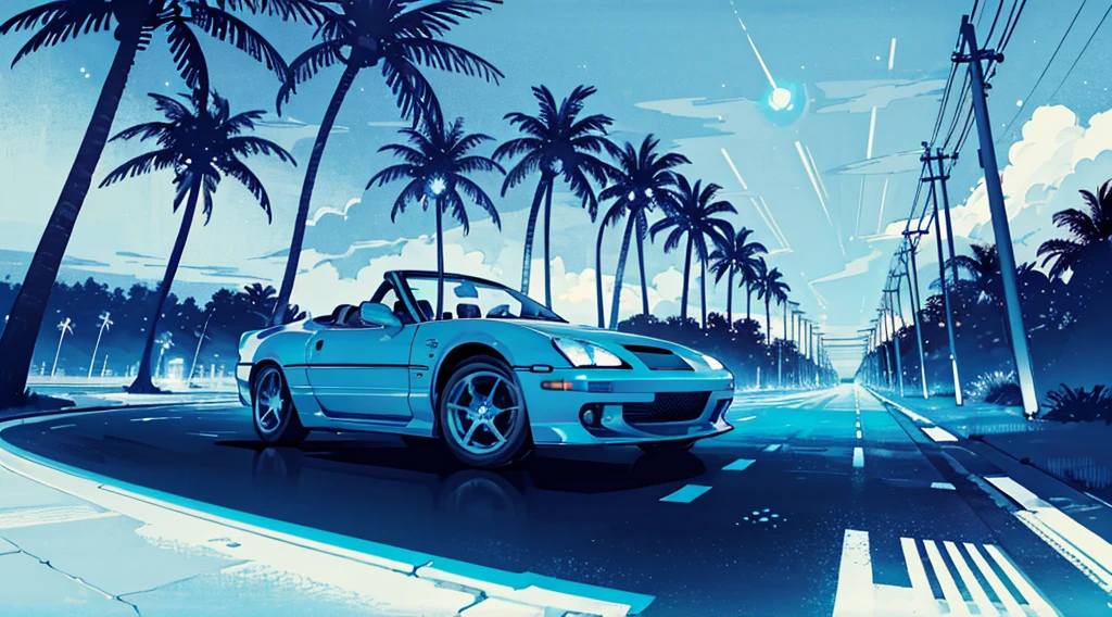 (cyberpunk road by the sea, blue glowing road, starry sky, big moon, palm trees), (classic convertible car), (low contrast, flat color, limited palette)