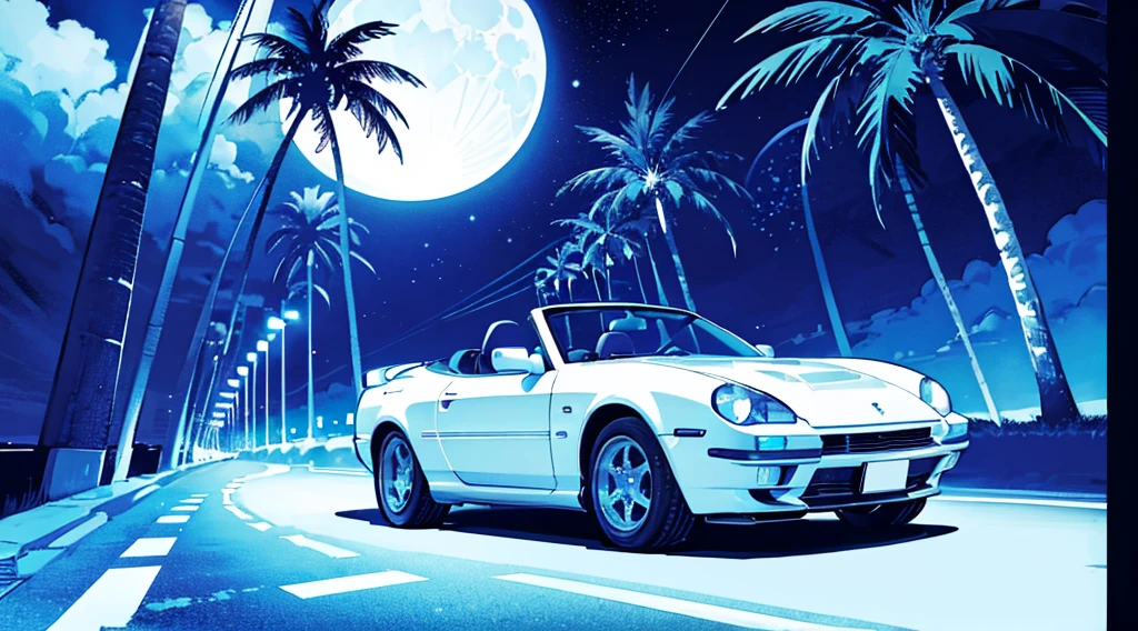 (cyberpunk road by the sea, blue glowing road, starry sky, big moon, palm trees), (classic convertible car), (low contrast, flat color, limited palette)