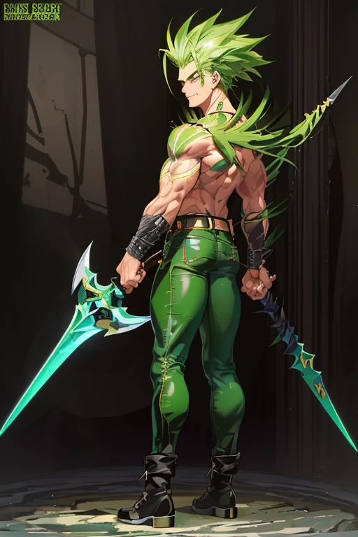 masterpiece, best quality, Highly detailed, ((1man)), (adult), green eyebrows, green hair, sting_eucliffe, {{very long raised spiked hair}}, combat boots, expressive green eyes, perfect face, smile, {{massive body builder body}}, {tall}, (wears leather green jacket and jeans), gigantic battle spear hammer axe, ((full body)), {{{{back view}}}}