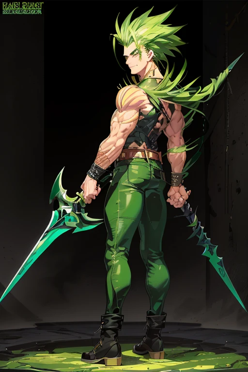 masterpiece, best quality, Highly detailed, ((1man)), (adult),  green eyebrows, green hair, sting_eucliffe, {{very long raised spiked hair}}, combat  boots, expressive green eyes, perfect face, smile, {{massive body builder body}}, {tall}, (wears leather green jacket and jeans), gigantic battle spear hammer axe, ((full body)), {{{{back view}}}}