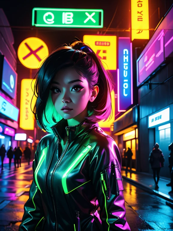 X-files, neon glow streets, mysterious alien abduction, a pretty woman in a neon firegami dress in the streets, hdr pro digital studio portrait, young, front, highly detailed, clear, high quality, hyper-detailed, 4k, ultra smooth, cinematic lighting