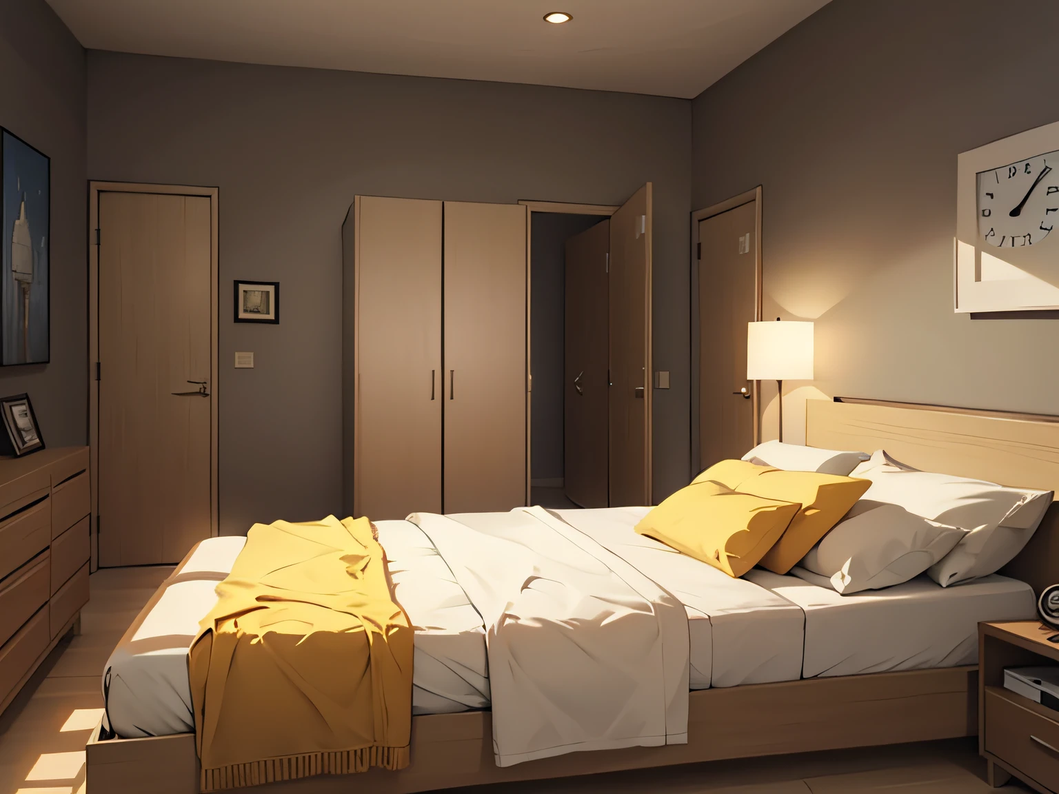 Bedroom Wide shot mother blond setting alarm led clock, modern clock