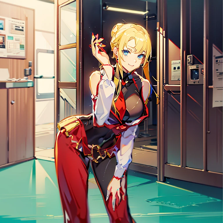8K，The right human body，Delicately depict the eyes，illustratio，Highest quality promotional images，delicated face，Number of work locks，Slim，年轻，16 yaers old，Advancedsense，handpainted，official fan art, visual novel, Data Center, Anime Stylization, shoujo romance, author：Anime painter studio，female student，Teenage girl，stooped，bend down，heads up，holding a stuff，ssmile，having fun，blonde with blue eyes，Double up braid，eyed，Cyan suit，red necktie，white backgrounid