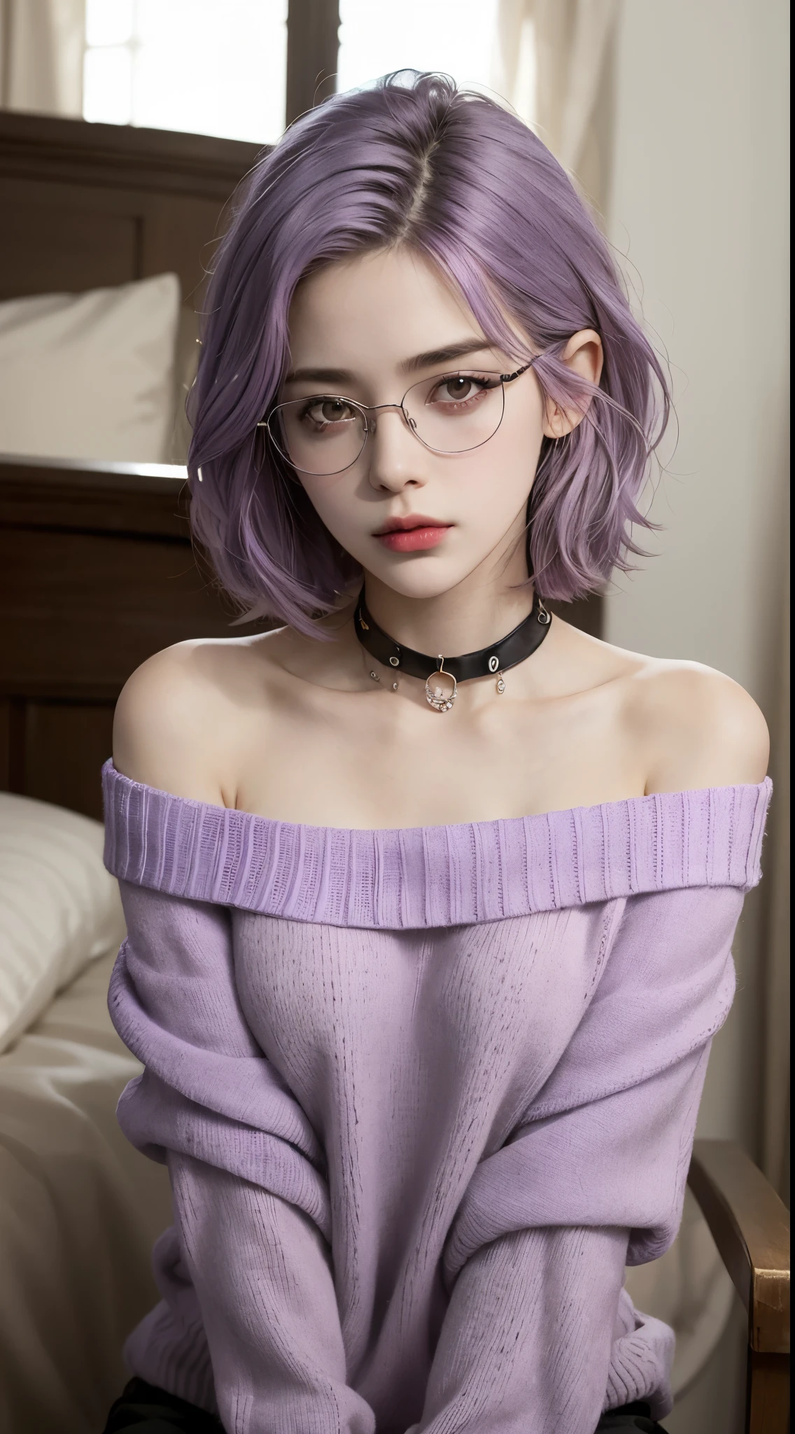 masterpiece, best quality, realistic, highly detailed, 1girl, solo, (body shot), poker face, stylish short hair, ((full light purple hair)), (glasses), choker, large breast, perfect body, ((off shoulder purple sweater)), Lips pierced, tatto on neck, beautiful girl, A tomboy face, Flat face without expression, bedroom background, detail eyes, detail hair, perfect lighting