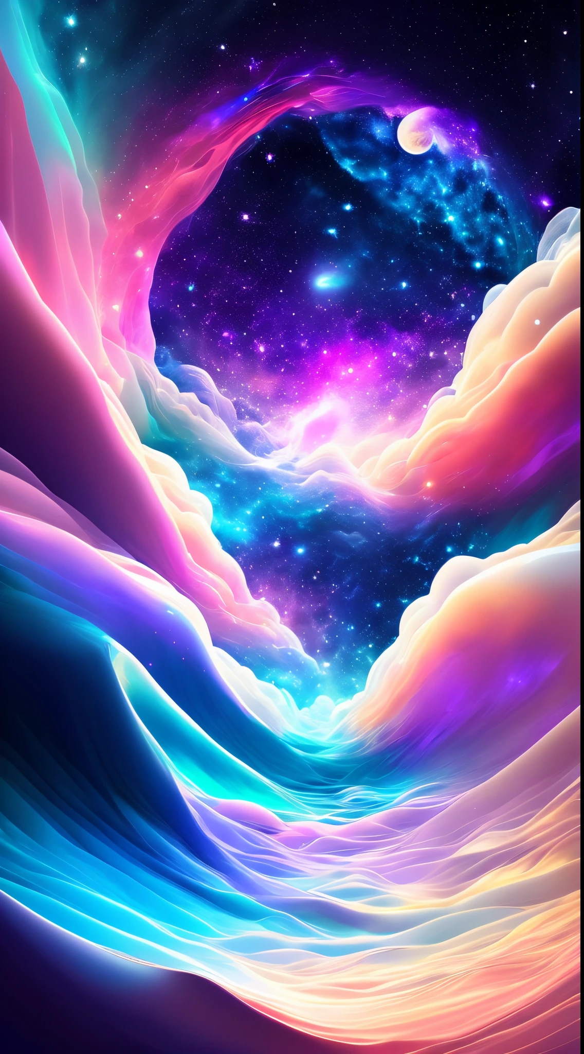 Super detailed heart galaxy 3D cristal effect, extremely resolution, beautiful sky, deep space, realistic, abstract art, unreal engine 5, DSLR, Highly detailed, wonderfully made, in the ocean with detailed big waves formed of