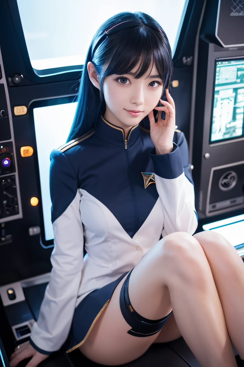masutepiece, Best Quality, 8K、(Golden Ratio Face、Balanced eyes、very gentle eyelids)、二重まぶた、An innocent face、Young Face、Beautiful nasal muscles、Shy laughter、lipgloss 、Very beautiful girl、Beautiful girl solo like a model、 wearing a starfleet uniform, complete starfleet uniform、clear outfit design、Glossy uniform、Blue hair、headset on head、skirt by the、pantyhose、battleship cockpit,SFThe world of,anime world girl、futuristic background、