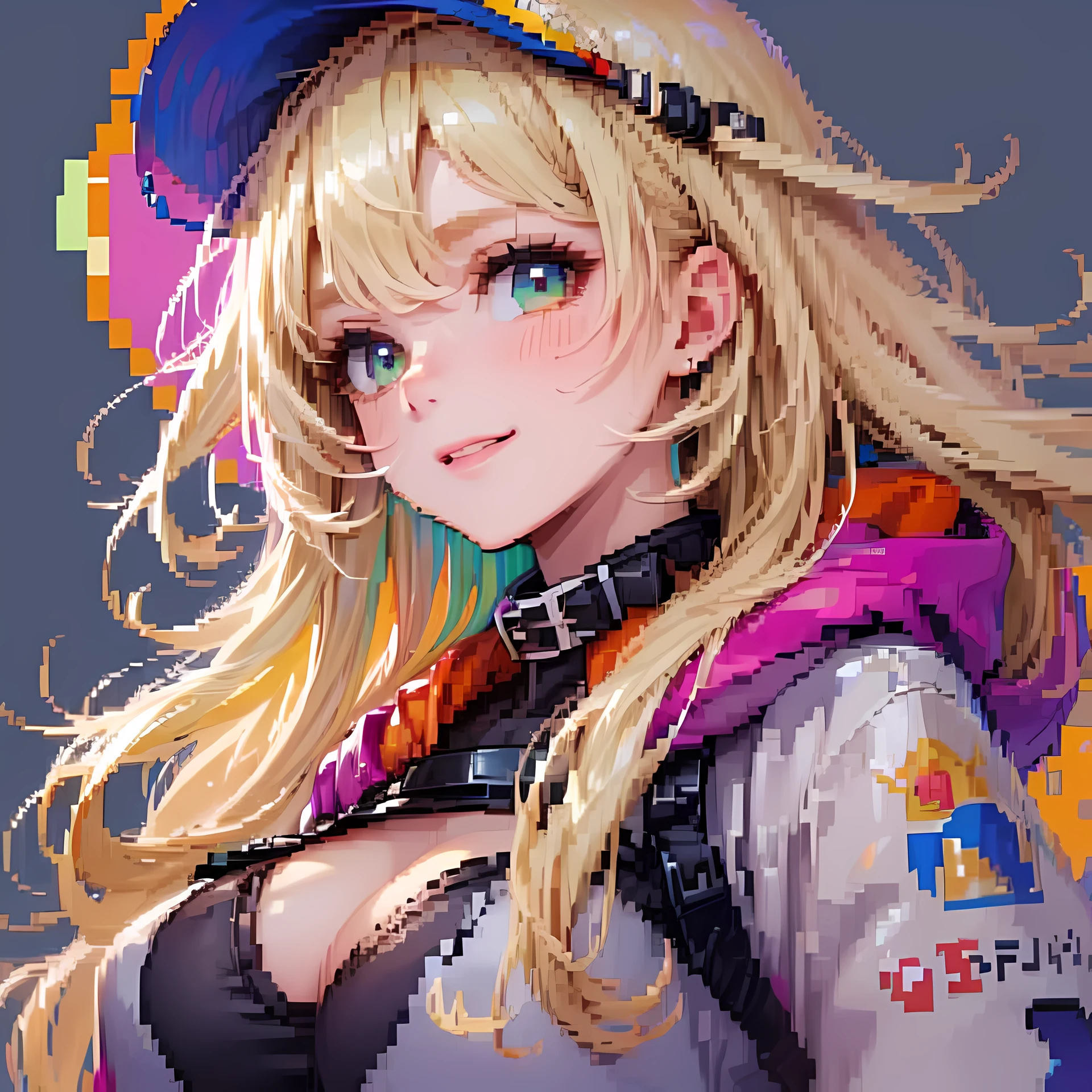((pixelart style)), pix, 4-bit pixel art, 1 busty girl, Close-up cleavage, Just look at the face, Beige hair, Blonde hair, Green-eyed, Grinning, collars, Loose hoodie, Hoodie print, black hoodie, Big hairy Ahao, Large hair, curlies, Very long hair, Pixel official art, Ridiculous resources, looking at viewert, Just focus, dynamic angle, tilt of the head, Background with, greybackground, Ultra-detailed pixel art