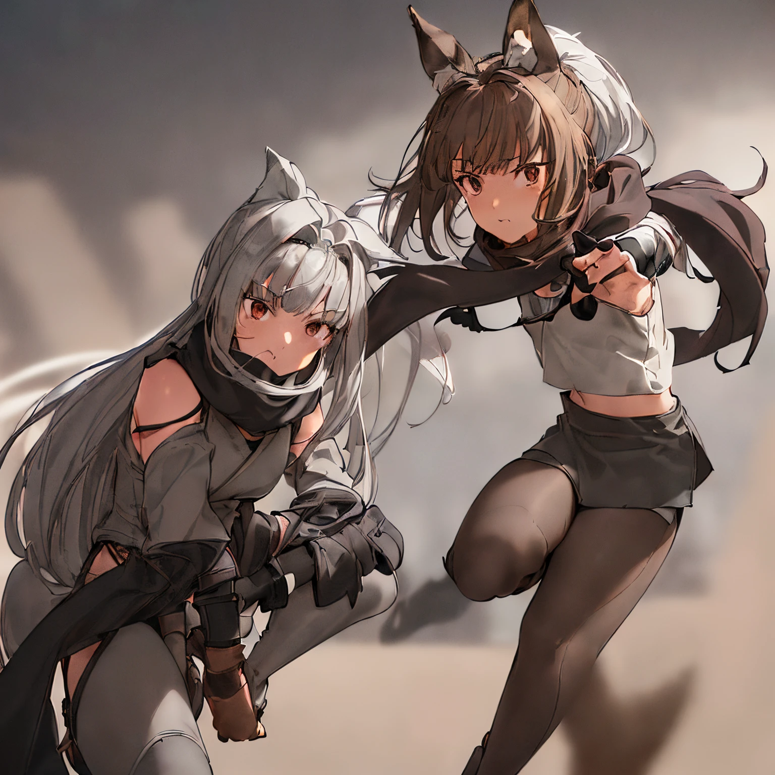 (masterpiece, best quality), ((1girl)), tail, wolf tail, wolf girl, ((brown hair)), ((long hair)), large ponytail, ((hair bangs)), ((hair over shoulders)), (((left brown eye))), (((right silver eye))), (((dark gray scarf))), light gray short sleeve shirt with white trims, (((dark gray short leggings))), (((grey high heeled knee length boots))), ((2D Anime Style))), fighting stance