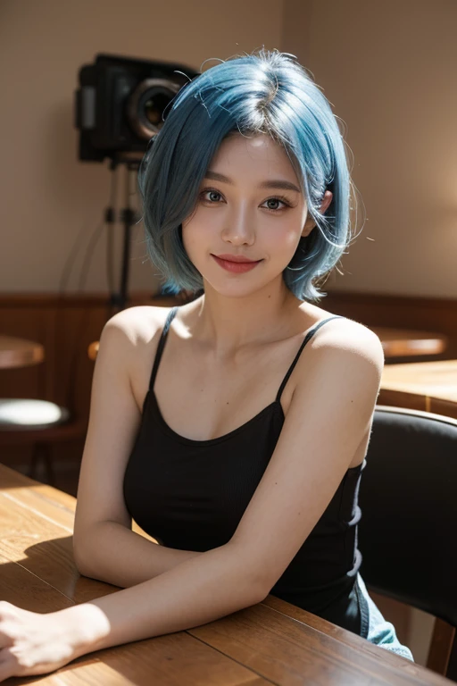 Highly detailed CG Unity 8k wallpaper,quality,ultra - detailed,tmasterpiece,realistically,Live photos, real photograph,authentic skin texture, a beauti, blue hair color short hair,blue hairs,Short hair details,short hair girl,femele: 25 age old,Wearing a black camisole vest,The background is the interior of the cafe,sitted,There is a table between the cameras,There was a cup of coffee on the table,Perfect body line,blue hairs,very feminine,looking at the camera in,ssmile,