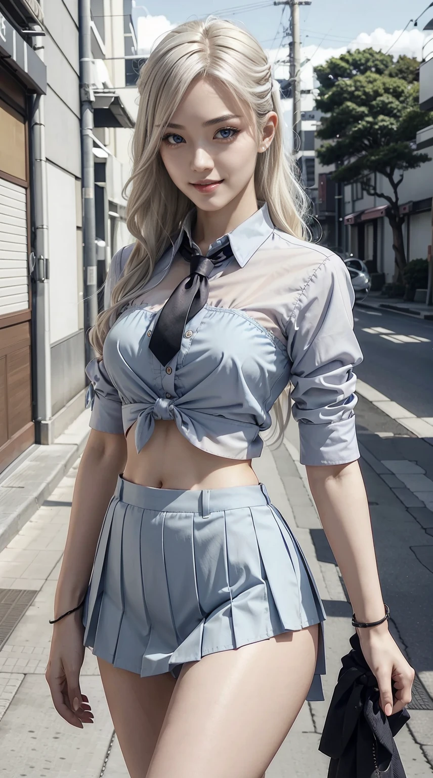 Japan woman at 25 years old、Hair color is a gradation color from platinum blonde to blue.、Eye color is blue、Semi-long、hair is wavy、I&#39;m wearing eyeshadow and lipstick、wearing a hair band、accessories on wrist、Slender but well-proportioned muscular body、The navel is visible、wearing a certain tie-front shirt、Chest Pochi、She&#39;s wearing a low-rise mini pleated skirt.、a smile、Looking at the camera