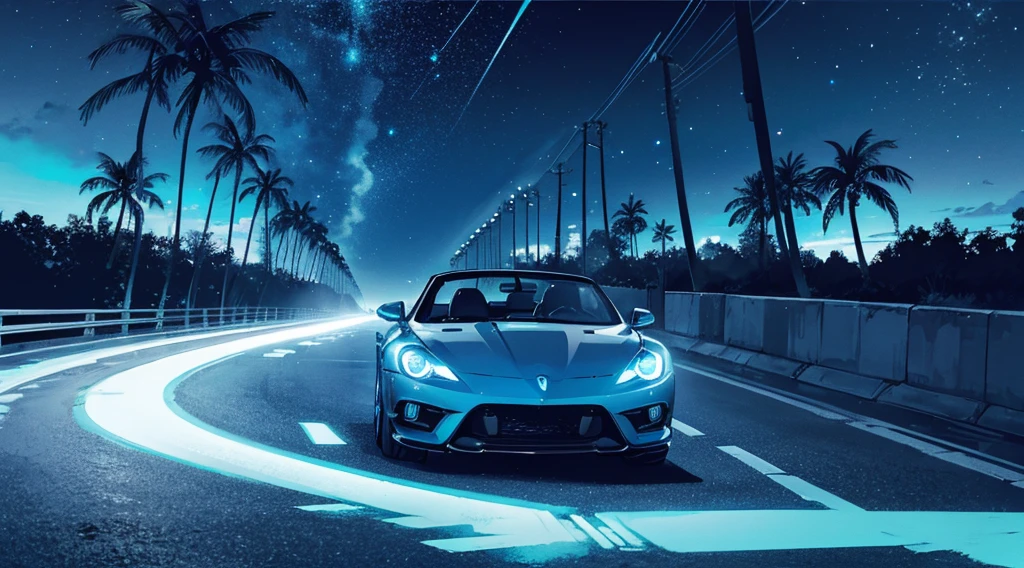 (cyberpunk road by the sea, blue glowing road, starry sky, big moon, palm trees), (classic convertible car), (low contrast, flat color, limited palette)