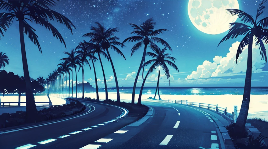 (cyberpunk road by the sea, blue glowing road, starry sky, big moon, palm trees), (classic convertible car), (low contrast, flat color, limited palette)