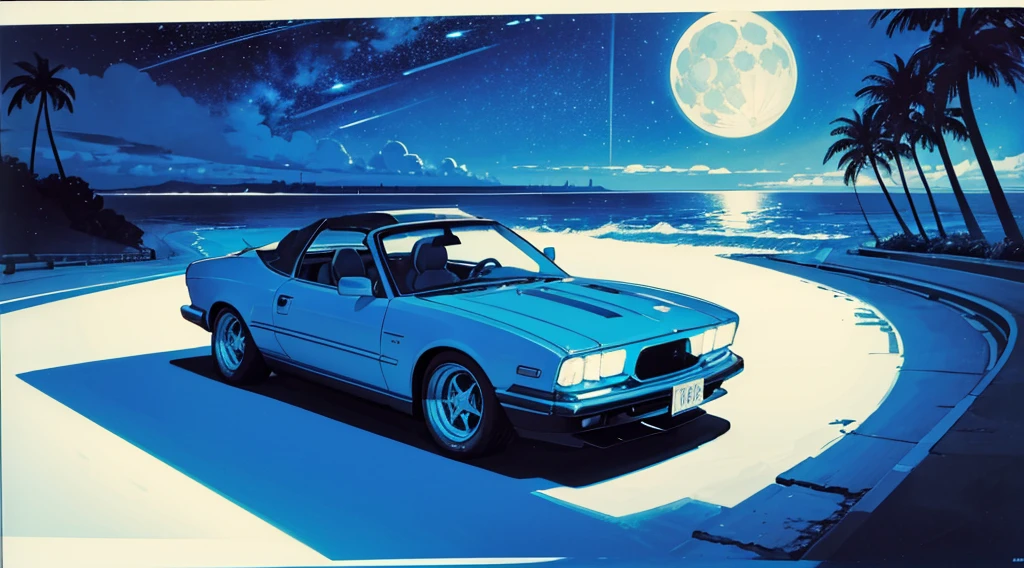 (cyberpunk road by the sea, blue glowing road, starry sky, big moon, palm trees), (classic convertible car), (low contrast, flat color, limited palette)
