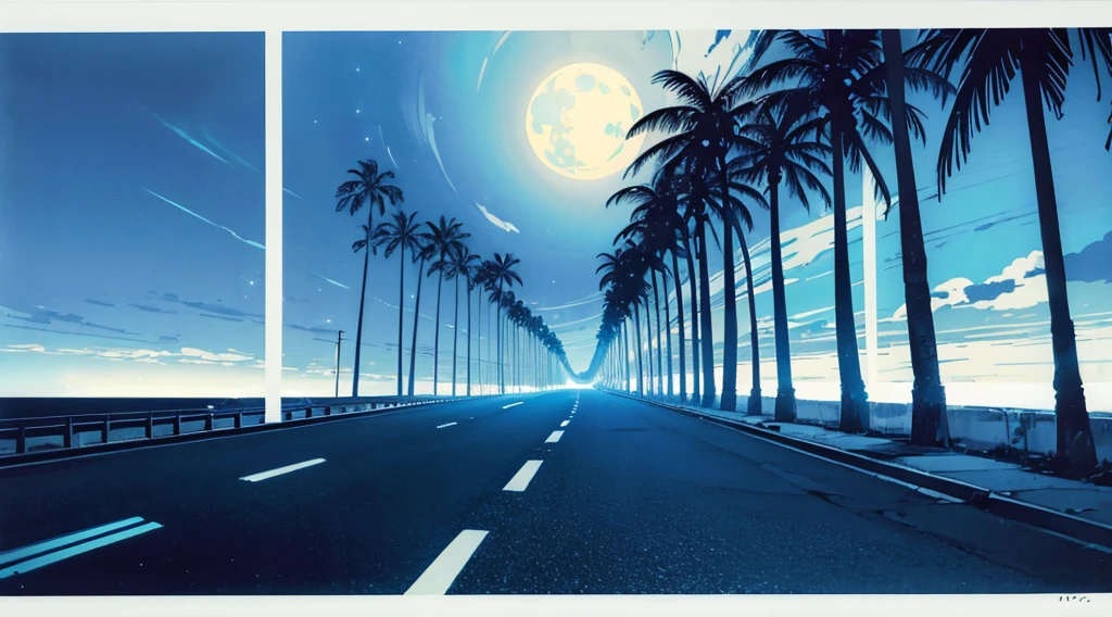(cyberpunk road by the sea, blue glowing road, starry sky, big moon, palm trees), (classic convertible car), (low contrast, flat color, limited palette)