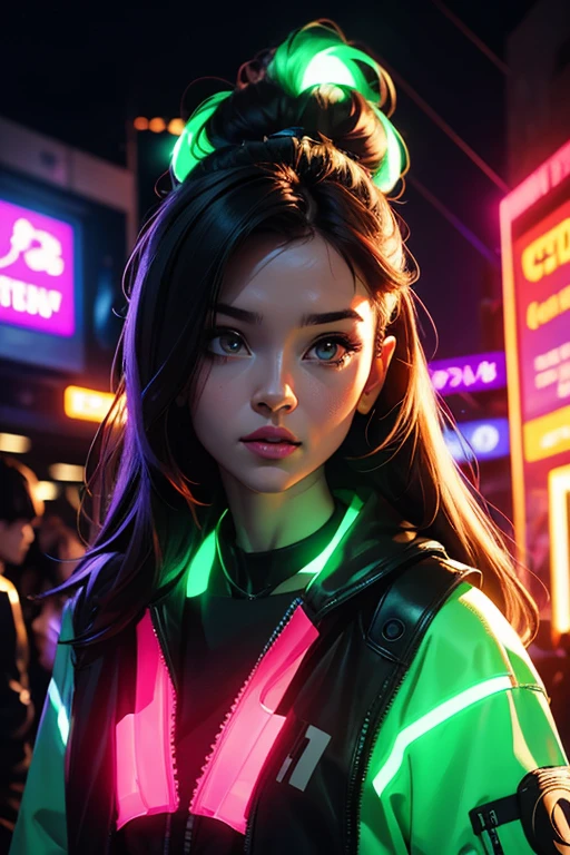 X-files, sculpt, aliens surrounding background, fashion portrait color photograph, woman, neon lights, lights on face