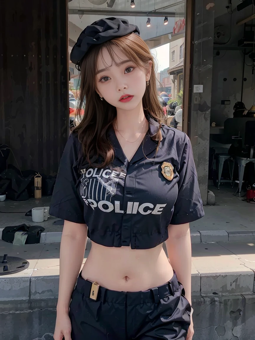 background (Female police uniform and police hat: 1.4), Good hands, 10, high-res, masterpiece, bestquality, head: 1.3, ((Hasselblad photo)), finely detailed skin, Clear focus, (Cinematic lighting), gentle lighting, dynamic angle, [:(detailed face: 1.2):0.2], Looking at the stomach.., enormous breasts, breasts, (((Inside the mansion))),(Nude:1.4), 1girls, jewelry, earrings, orange_sky, bara, moles, long_hair,   moles_under_eye, upon_body, grey_eye, olhando_Stelle_audience, Black Hair, fashion (Head tilt: 1.4), Plain background, red background,