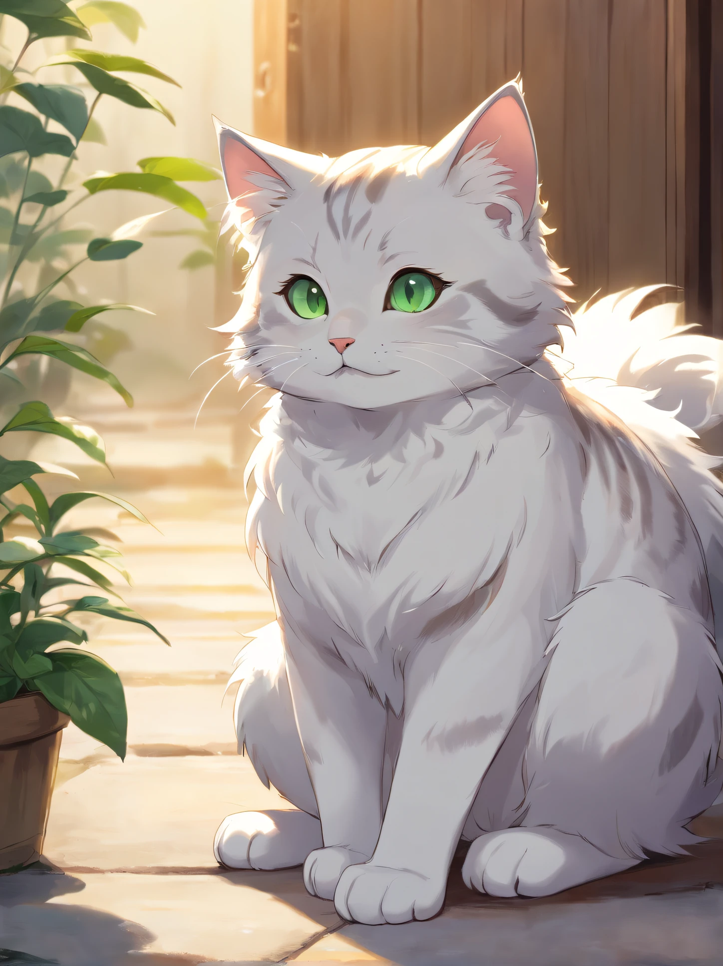 shaggy,looking at viewert, A turtle,mammal, grey tabby cat, Alone, White body, White fur, Clothes are,Wear a plain white short-sleeved T-shirt,short white pants , human character, Tufting, Gender ambiguity, detailedbackground, dressed in, inner ear fluff, Black nose, natural, Beautiful and pretty green eyes,furry tail,Cute cat's paws,young,Emphasis on petite and cuteness,Walking posture,Detailed characters,He had a smile on his face(1.2),bald,natta,pay(1.1)。solo hairy,White fur,super cute faces,kitten scratching something