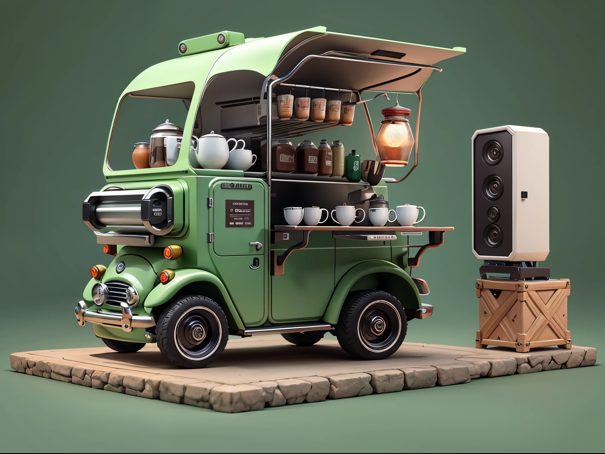 Coffee cart equipped with professional large coffee machine, industrial design, and futuristic design. The truck's design is inspired by the Wuling Hongguang light truck and the Mini Beetle. Truck color is green,detail-rich, 32k ultra high definition masterpiece. The surrounding environment is also green, Create a harmonious and environmentally friendly atmosphere. Scene set against green background and studio lights, Create realistic and highly detailed depictions. Tips focus on the side view of the coffee cart,Showcase its unique features and design elements.