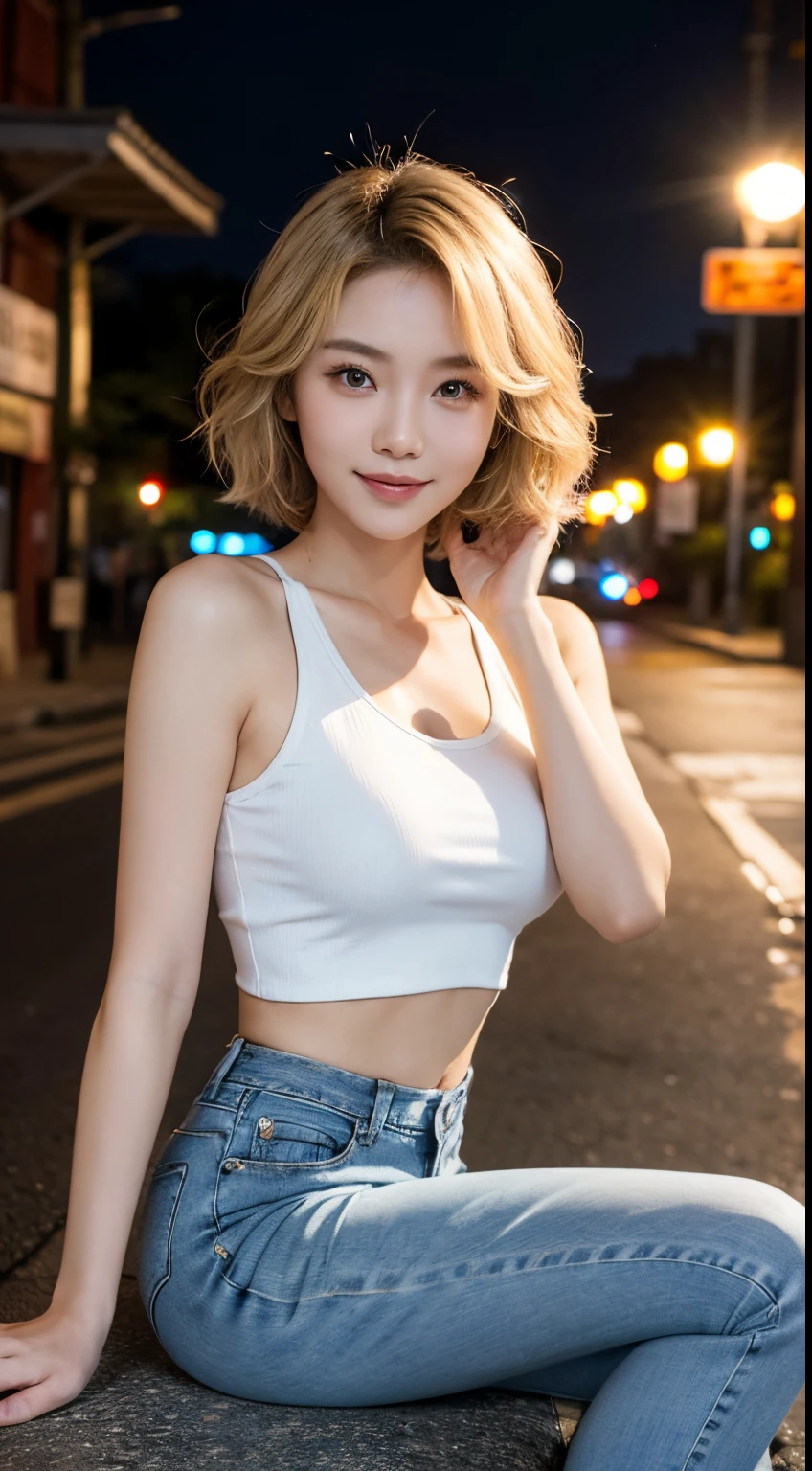 30 years old Chinese Woman, Short Wavy blonde hair, Smile, Model body, Jeans, White Tanktop, Looking at Viewer, Sitting pose, At night under the street lights, High Resolution, High detail, Photoshoot, POV, Cinematic Lighting.