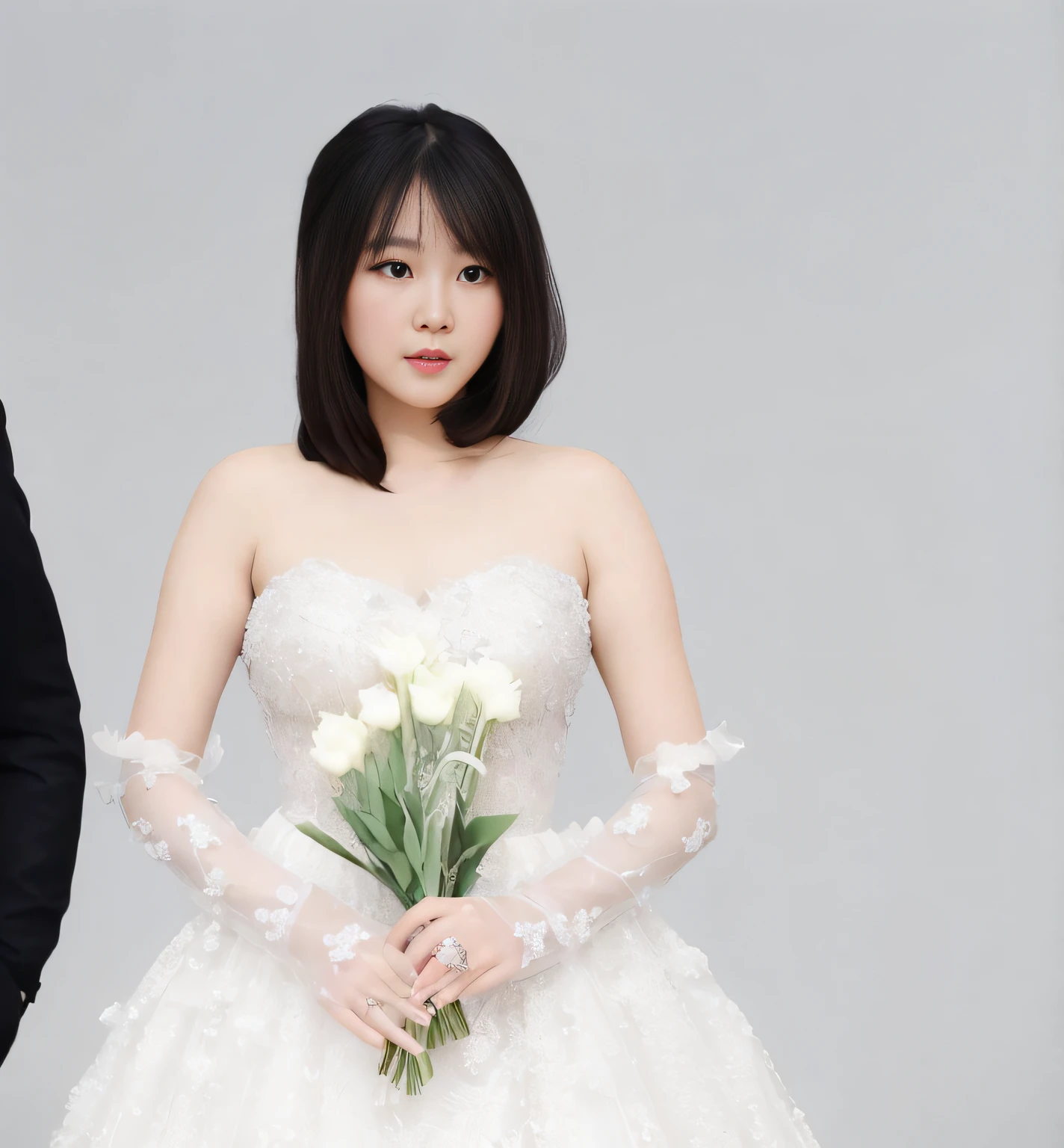 There is a woman in a wedding dress holding a bouquet of flowers...., Wear an organza dress., Mai Anh Tran, Inspired by Kim Dyang, In the form of Lammani, sha xi,  my linh, yun ling, The joy of, Wear a wedding dress, wedding photo, yan, wenfei ye, inspired by Ni Yuanlu