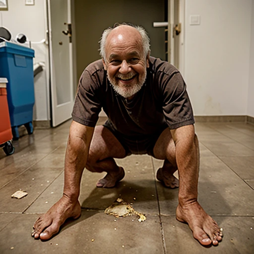 Old man shits diarrhea on the floor in the mental hospital staring into the camera smiling standing over his juicy diarrhea pile no pants on