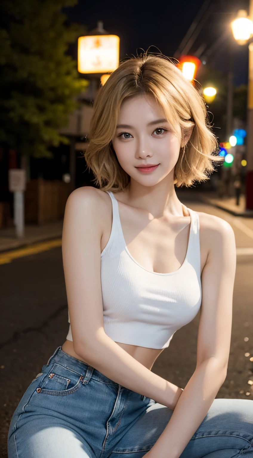 30 years old Chinese Woman, Short Wavy blonde hair, Smile, Model body, Jeans, White Tanktop, Looking at Viewer, Sitting pose, At night under the street lights, High Resolution, High detail, Photoshoot, POV, Cinematic Lighting.