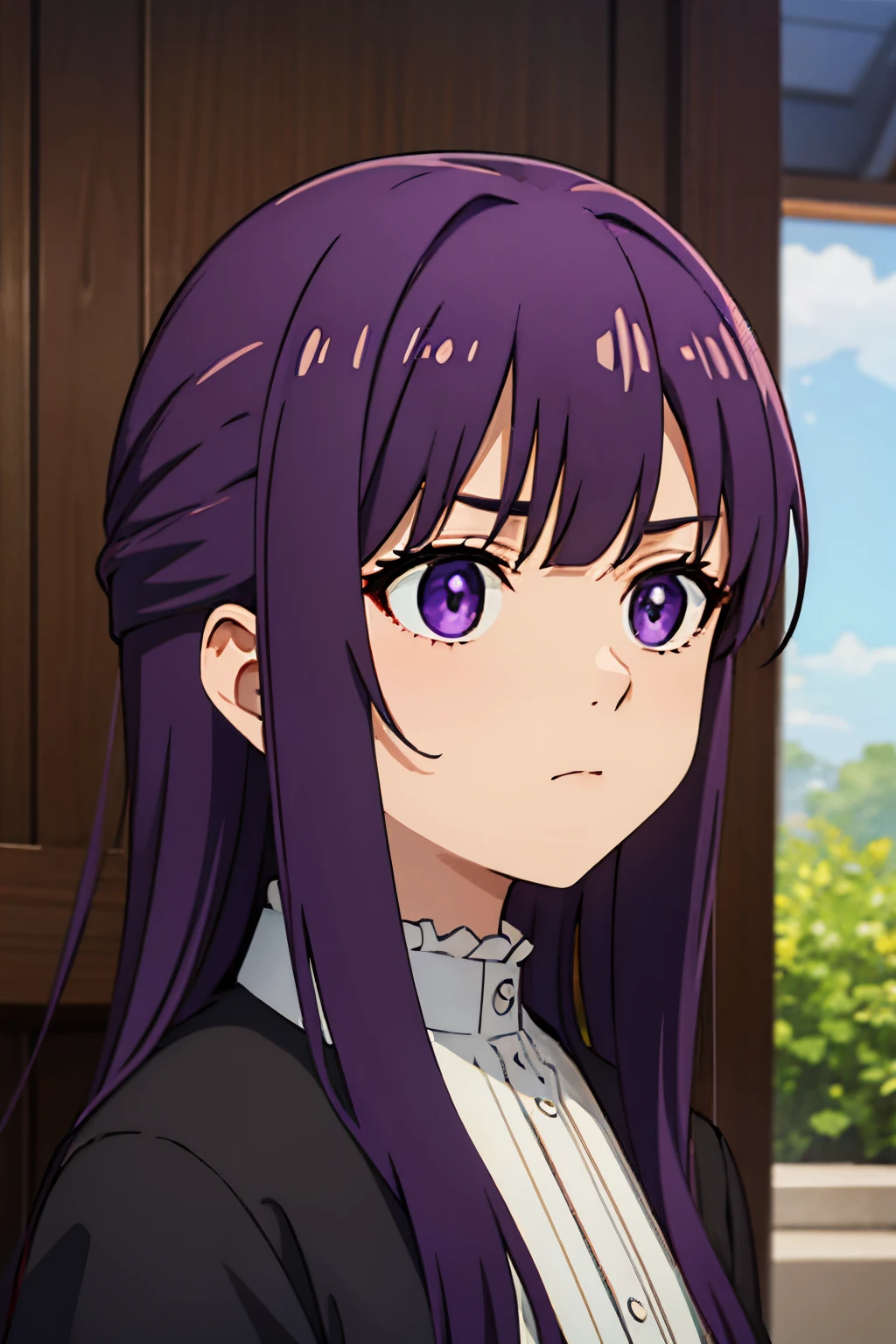 (masterpiece, best quality:1.2), close-up image of a person with long purple hair and white shirt, purple eyes, bulli, wearing [ [ 1st 2nd century, leaving the room, ultra detailed, best quality, expressive eyes, perfect face, ultra hight quality, ultra detail, hight quality, best quality, looks annoyed