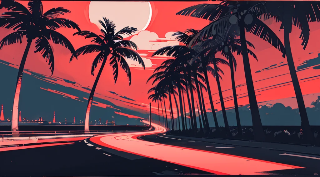 (cyberpunk road by the sea, red glowing road, starry sky, big moon, palm trees), (classic convertible car), (low contrast, flat color, limited palette)
