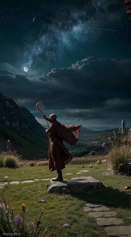 masterpiece, best quality, ultra-detailed, illustration, buddhist monk, solo, fantasy, flying, broom, night sky, outdoors, magic, spells, moon, stars, clouds, wind, cape, broomstick, glowing, mysterious, enchanting, whimsical, playful, adventurous, , wonder, imagination, determination, skill, speed, movement, energy, realism, naturalistic, figurative, representational, beauty, fantasy culture, mythology, fairy tales, folklore, legends, witches, wizards, magical creatures, fantasy worlds, composition, scale, foreground, middle ground, background, perspective, light, color, texture, detail, beauty, wonder.