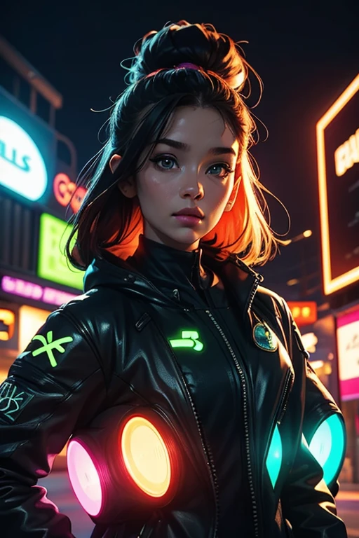 X-files, sculpt, aliens surrounding background, fashion portrait color photograph, woman, neon lights, lights on face