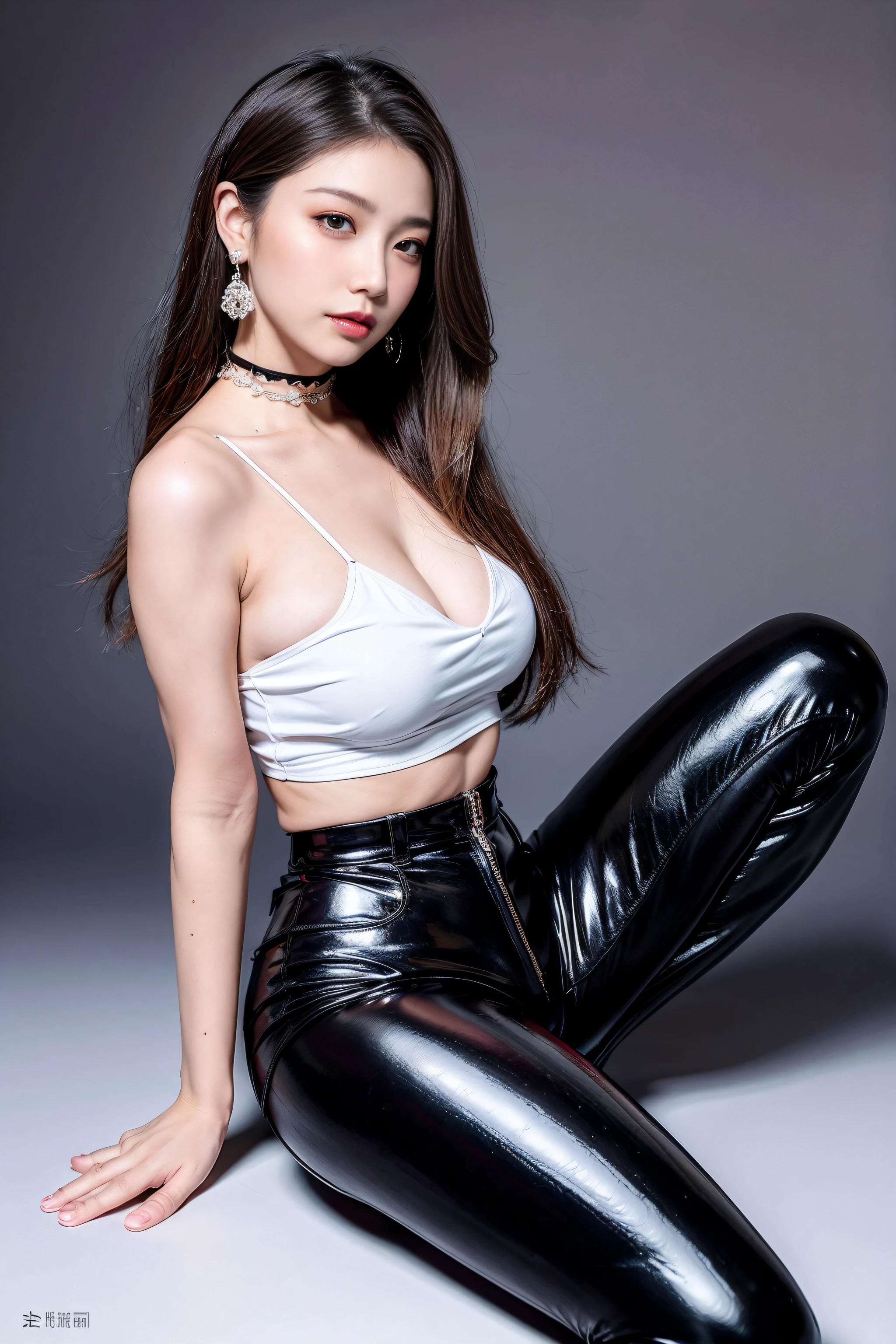 An extremely sexy mature Asian woman,Alone,Extremely beautiful woman,Sexy Royal Sister Style,Royal sister temperament,The temperament of a wealthy daughter,Black leather pants,tight leather pants,White button-down shirt,Red-soled heels,patent leather beret(An extremely delicate and beautiful work:1.2)A very beautiful girl,Perfect body example,Tight body shape,Perfect body curves(plumw)moist skin feeling,Skin texture is clear and delicate(Advanced skin details:1.1)Korean idol’s perfect face,Enchanted smile,light blonde wavy hair,Clear and fine hair texture(Quality hair details:1.1),exquisite eye makeup,Refined eye detailing,Blue pupil(Advanced eye detail:1.1)Best example of four fingers and a thumb,Beautiful manicures,Feet with perfectly proportioned thighs and calves,Wear earrings,choker necklace,bangle,Royal sister costume series,Tight patent leather pants series,Bright black series,Horizontal photography,BestWorks,quality,Best Picture Quality,Super refined,extremely high resolution,Full-body photography,Shot by one person,真实感,Professional lighting effects,Perfect goddess sister