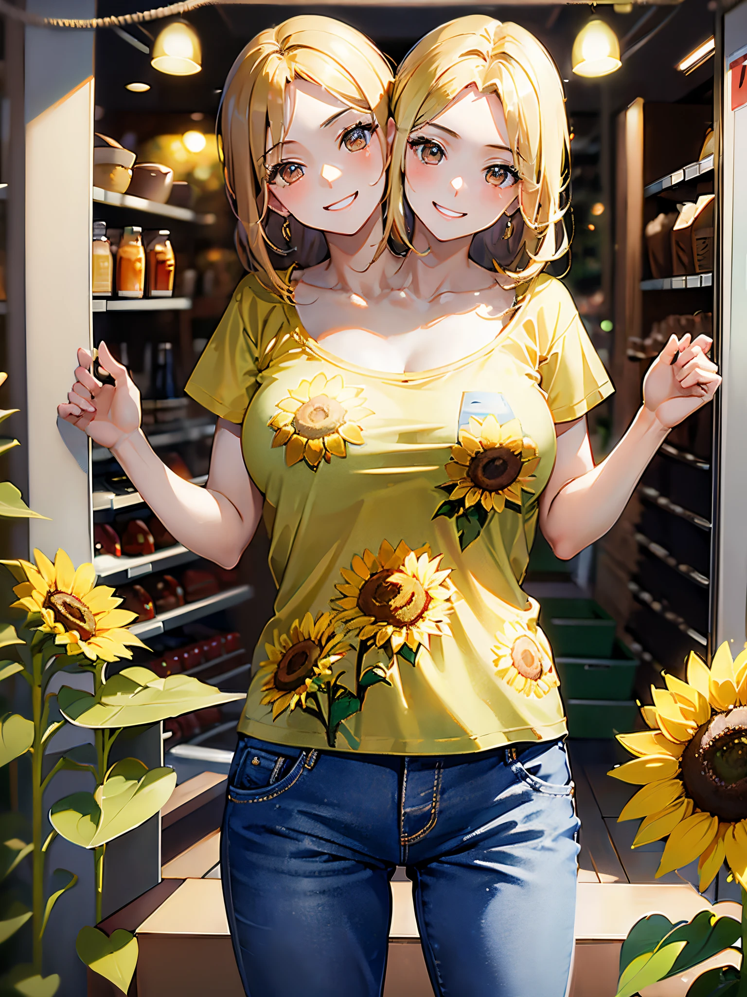 (masterpiece, best quality), best resolution, (2heads:1.5), 1girl, blond hair, brown eyes, smiling, casual, sunflower print t-shirt, blue pants, clothing store changing booth