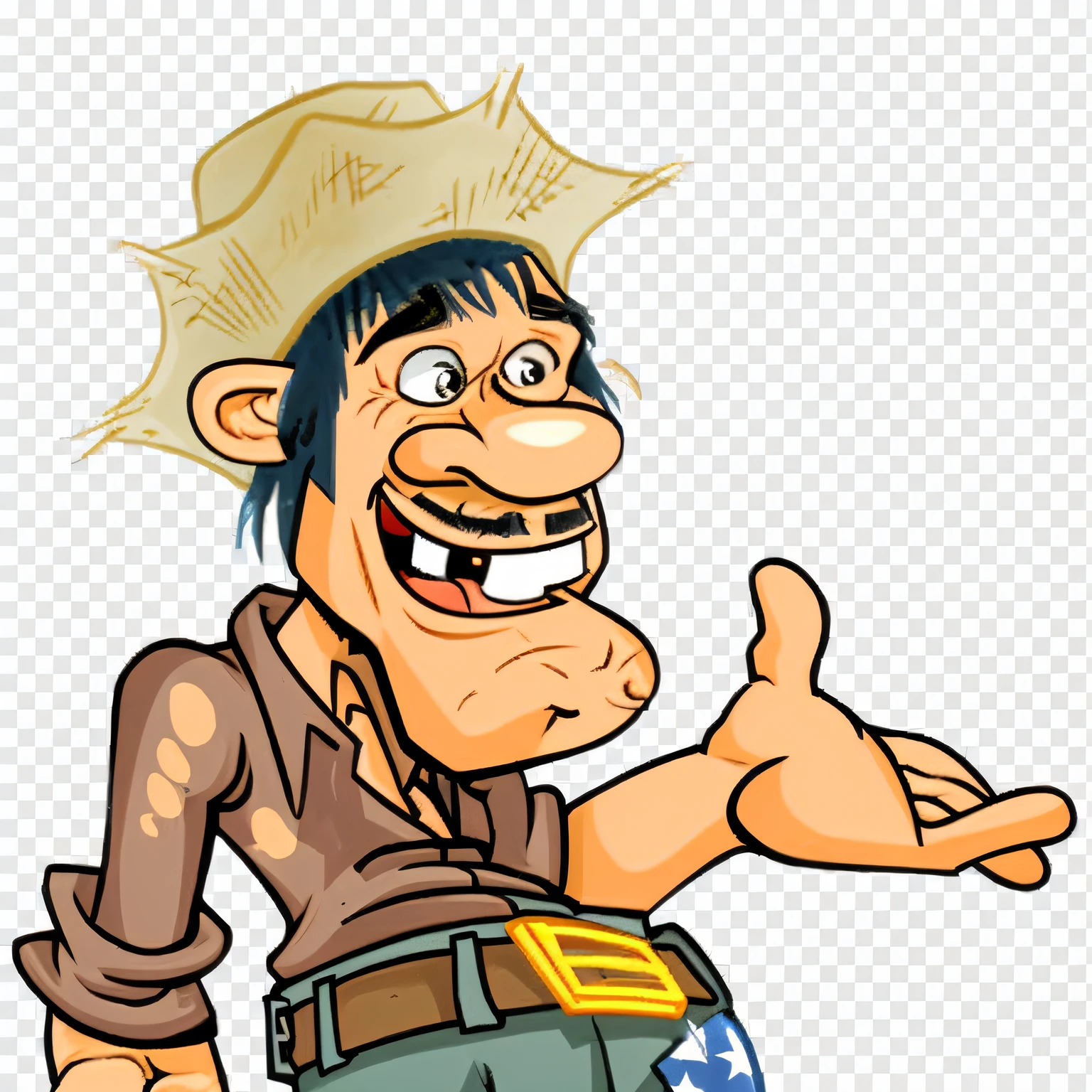 cartoon cowboy in a hat and a cowboy outfit pointing at something, caracter with brown hat, playful peasant man, imagem dos desenhos animados, desenho animado pateta, personagem de desenho animado, hd illustration, comic character, comic, character with a hat, Dom Ramon, arte dos desenhos animados, animation character, cartoon illustration, desenho animado de arte digital, arte dos desenhos animados, florida man, Lucas Ordenar, Vaqueiro