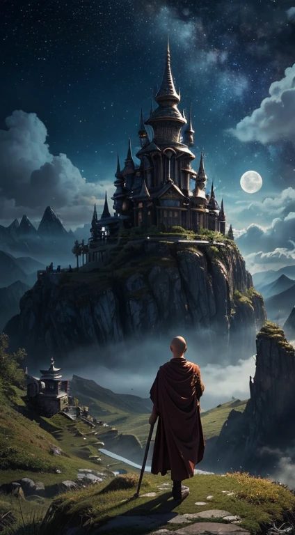 masterpiece, best quality, ultra-detailed, illustration, buddhist monk, solo, fantasy, flying, broom, night sky, outdoors, magic, spells, moon, stars, clouds, wind, cape, broomstick, glowing, mysterious, enchanting, whimsical, playful, adventurous, , wonder, imagination, determination, skill, speed, movement, energy, realism, naturalistic, figurative, representational, beauty, fantasy culture, mythology, fairy tales, folklore, legends, witches, wizards, magical creatures, fantasy worlds, composition, scale, foreground, middle ground, background, perspective, light, color, texture, detail, beauty, wonder.