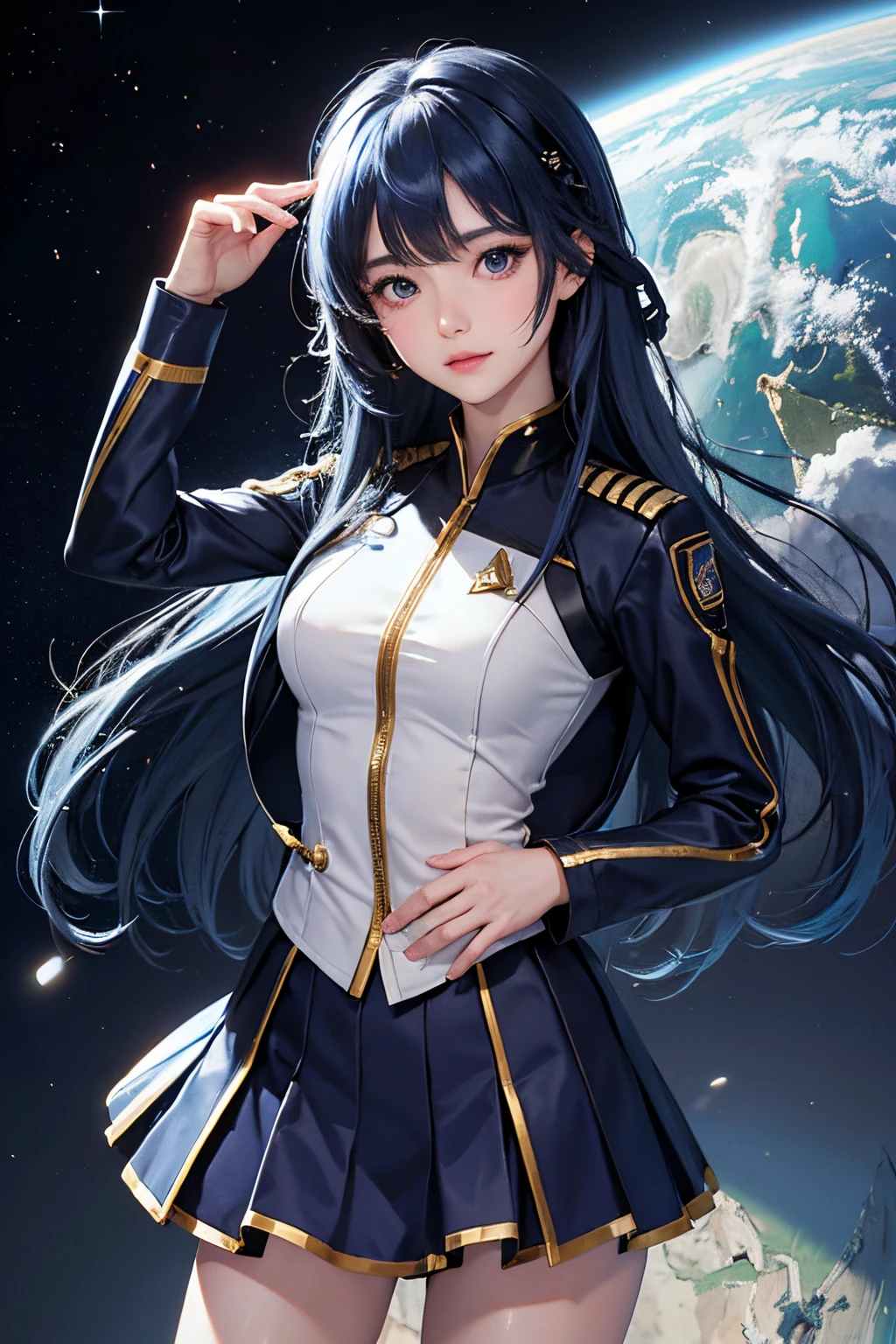 Long dark iridescent hair, iridescent eyes, small waist large thighs, military uniform, tights