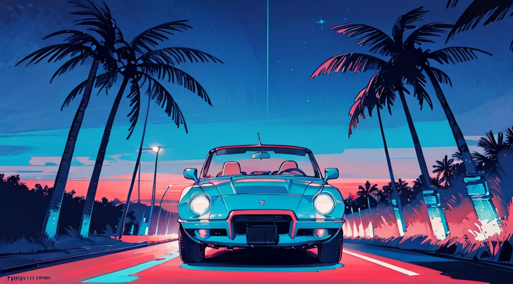 (cyberpunk road by the sea, blue and red glowing road, starry sky, big moon, palm trees), (classic convertible car), (low contrast, flat color, limited palette)