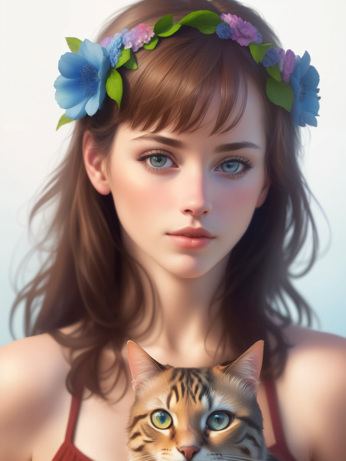 (best quality,4k,8k,highres,masterpiece:1.2),ultra-detailed,(realistic,photorealistic,photo-realistic:1.37),vectors,vector style,flat style,artistic,blue background,girl and cat in a floral wreath,three colors