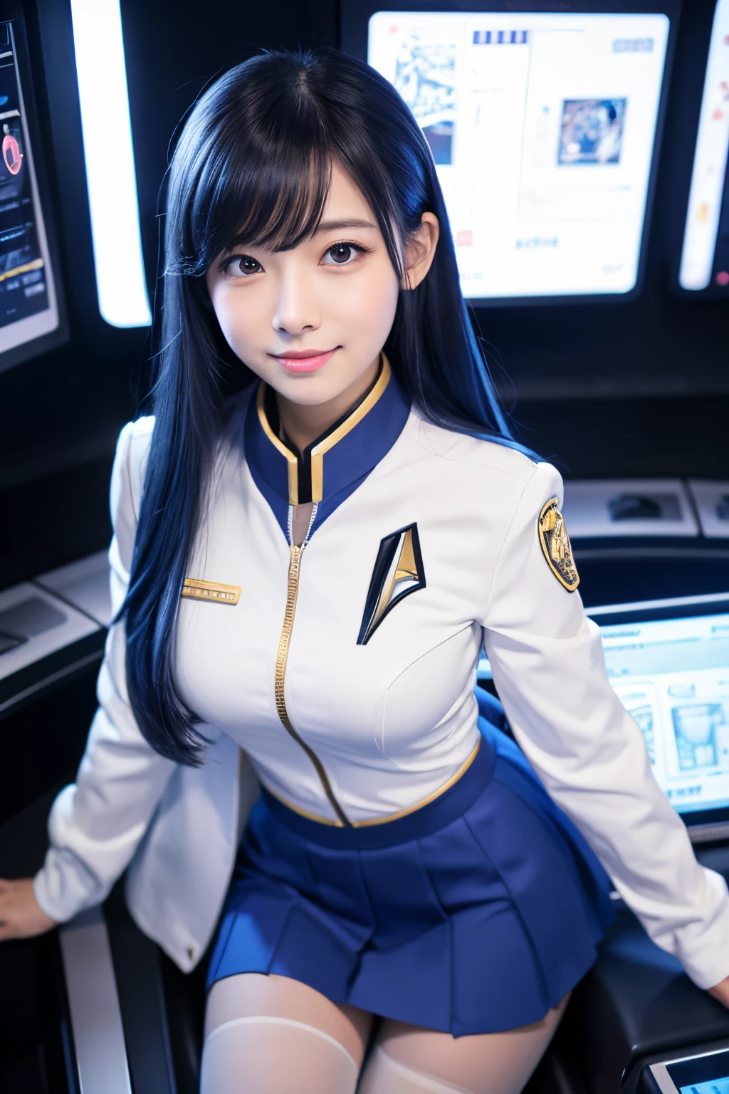 masutepiece, Best Quality, 8K、(Golden Ratio Face、Balanced eyes、very gentle eyelids)、二重まぶた、An innocent face、Young Face、Beautiful nasal muscles、Shy laughter、lipgloss 、Very beautiful girl、Beautiful girl solo like a model、 wearing a starfleet uniform, complete starfleet uniform、clear outfit design、Glossy uniform、Blue hair、headset on head、skirt by the、pantyhose、battleship cockpit,SFThe world of,anime world girl、futuristic background、