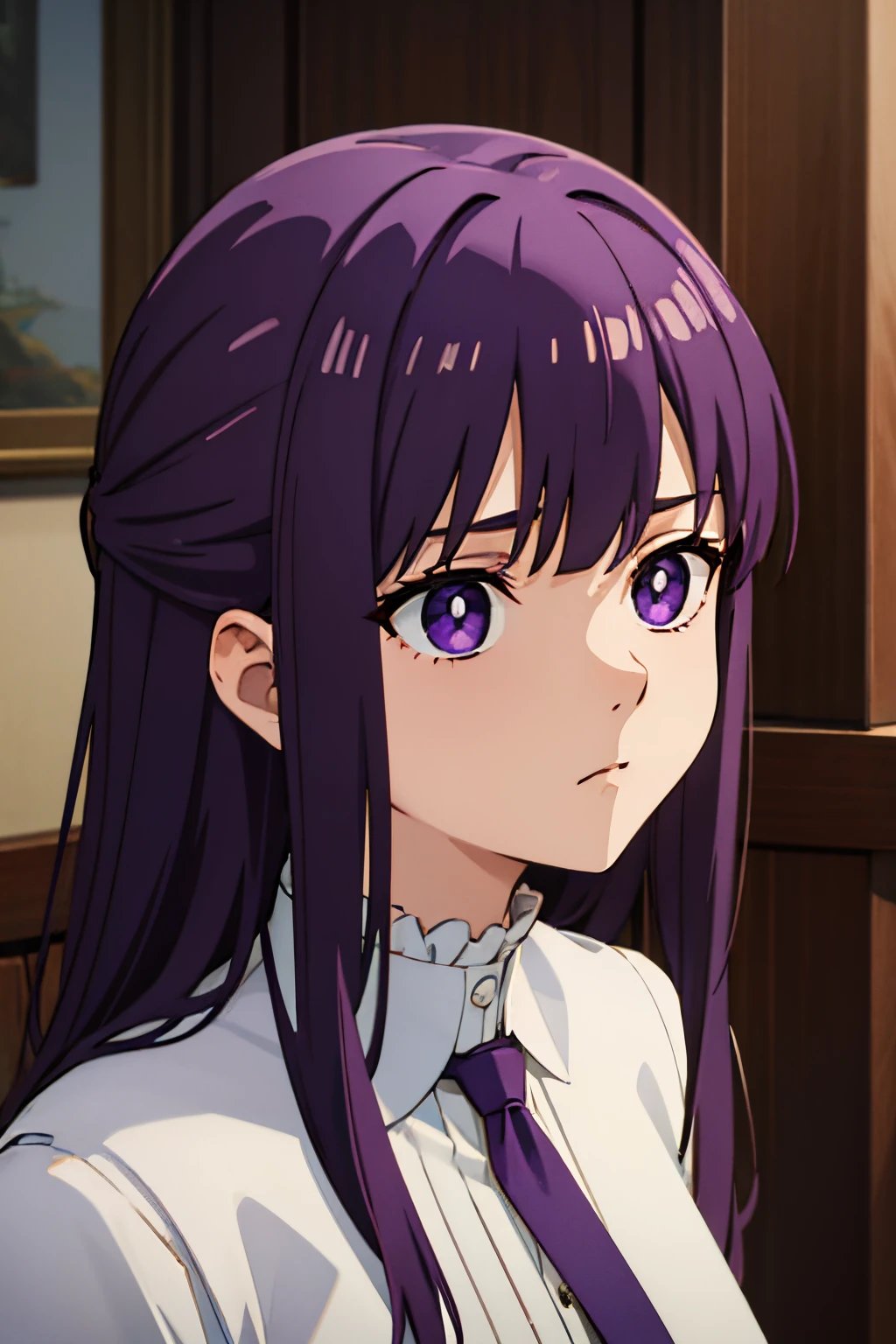 (masterpiece, best quality:1.2), close-up image of a person with long purple hair and white shirt, purple eyes, bulli, wearing [ [ 1st 2nd century, leaving the room, ultra detailed, best quality, expressive eyes, perfect face, ultra hight quality, ultra detail, hight quality, best quality, looks annoyed