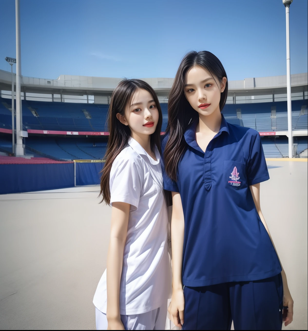 (bestquality,10,10,highres,masterpiece:1.2),ultra-detail,(Realistic,photorealistic portrait,photo-realistic:1.37),1 Cute girl in the football field,oily shiny skin,bara,light smile,BDclothelue shirt:1.3)),short sleeves,shirt, trousers.,(navy_long_Pants Track:1.1), ((Stadium Background:1.3)),dynamic angle,excited,face focus,Dynamic Poses,from behide,Ass Focus,masterpiece, bestquality, ultra realistic, hyper-detail, 8k resolution, RAW photo, crisp focus, ((Navy blue shirt:1.1)), short sleeves, Long Path, Perfect body, 2 mature women, 18yo, cinematic light,Blue sweatpants,Gymware,Correct anatomy,Complete body, Correct body, sharp face, Anatomically correct body, full entire body, Realistic gestures, long-haired, Realistic poses,Wear long shorts..................................,Long leg span,Shapely,Sculpting Girl, Slender Figure, mannequin mannequins, Shapely, Beautiful body,Blue sweatpants, Two girls kissing