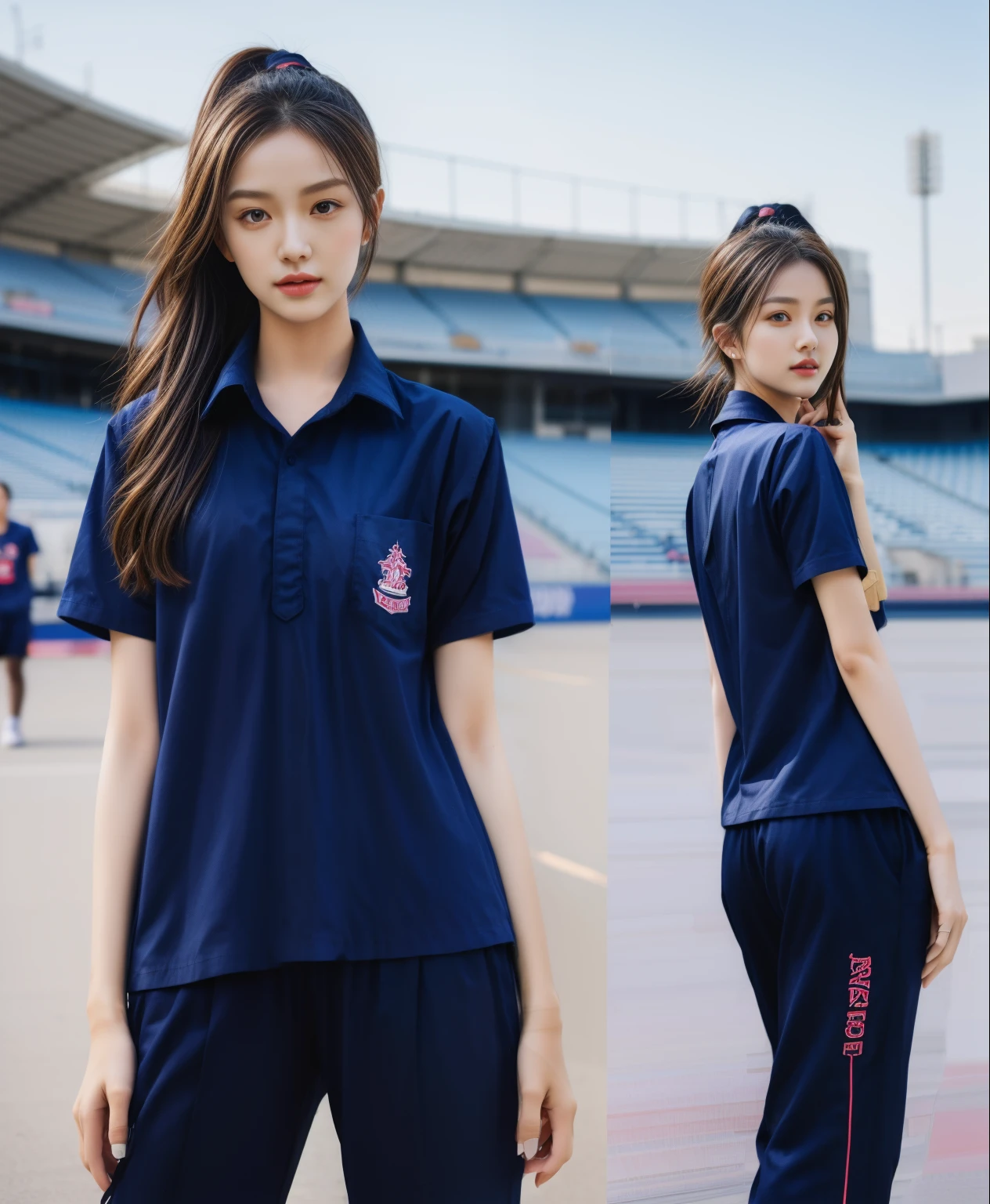 (bestquality,10,10,highres,masterpiece:1.2),ultra-detail,(Realistic,photorealistic portrait,photo-realistic:1.37),1 Cute girl in the football field,oily shiny skin,bara,light smile,BDclothelue shirt:1.3)),short sleeves,shirt, trousers.,(navy_long_Pants Track:1.1), ((Stadium Background:1.3)),dynamic angle,excited,face focus,Dynamic Poses,from behide,Ass Focus,masterpiece, bestquality, ultra realistic, hyper-detail, 8k resolution, RAW photo, crisp focus, ((Navy blue shirt:1.1)), short sleeves, Long Path, Perfect body, 2 mature women, 18yo, cinematic light,Blue sweatpants,Gymware,Correct anatomy,Complete body, Correct body, sharp face, Anatomically correct body, full entire body, Realistic gestures, long-haired, Realistic poses,Wear long shorts..................................,Long leg span,Shapely,Sculpting Girl, Slender Figure, mannequin mannequins, Shapely, Beautiful body,Blue sweatpants, Two girls kissing