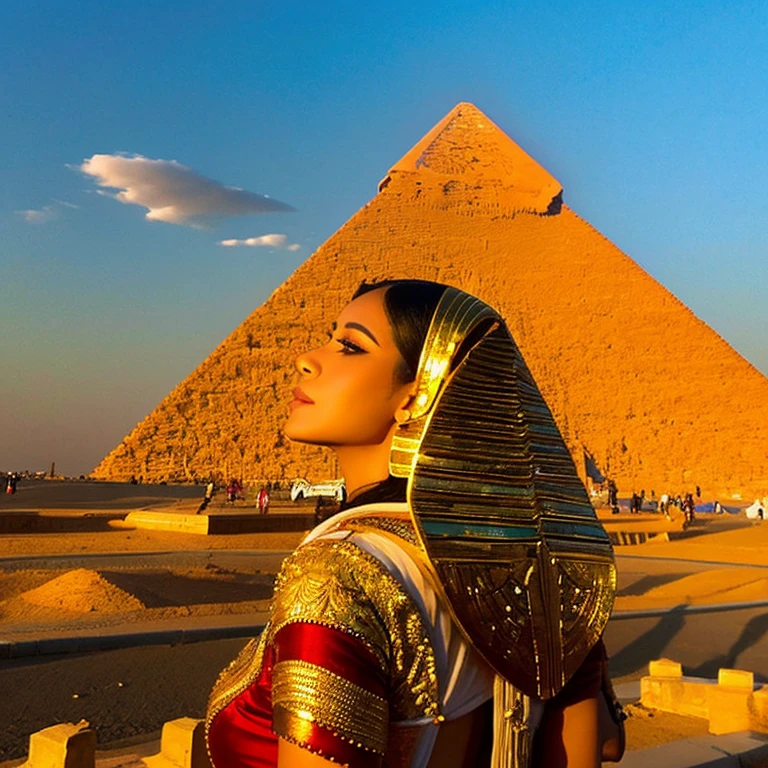 Egypt、Pyramids、Atum、distinct corner of the eye、Plump woman、２３age、Gold decoration、large wings on the back、Pyramid on background、Sun over head、Eyes are yellow、eagle decoration on shoulder