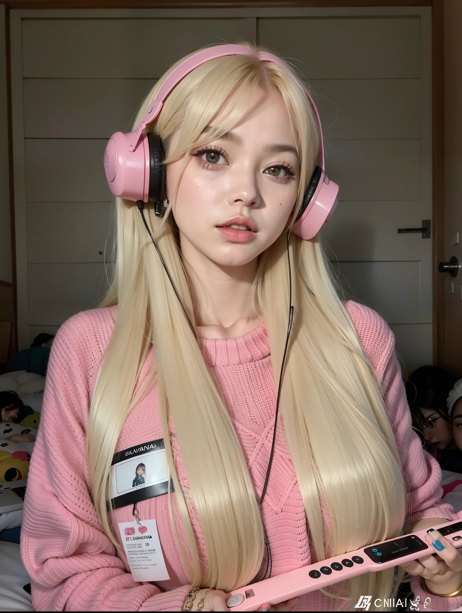 garota loira com fones de ouvido segurando um laptop rosa, linda Delphine, Parque Roseanne do Blackpink, Ulzzang, com cabelos longos brancos, ava max, com longos cabelos brancos, Kim Doyoung, Retrato de Jossi de Blackpink, Lalisa Manoban do Blackpink, Lalisa Manobal, longos cabelos brancos e franja, cabelo liso rosa