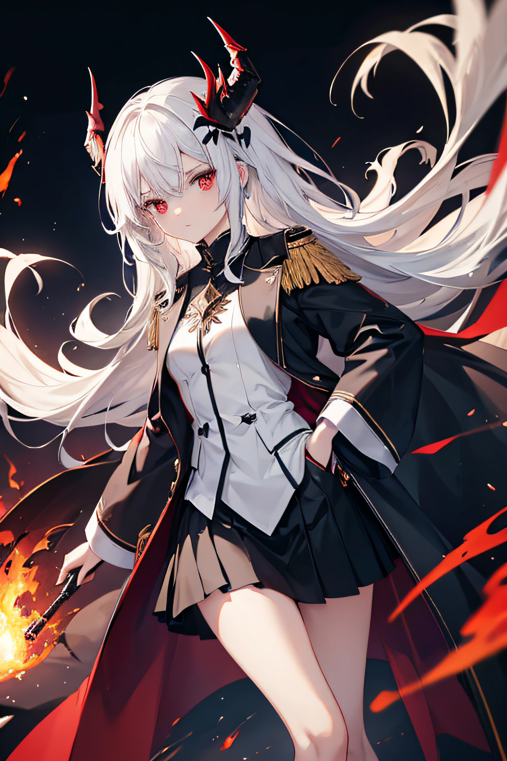 1 woman,独奏,sideways standing,tmasterpiece,Extremely Delicately Beautiful,Two-dimensional exquisite painting style,Extremely detailed and delicate,8K ,high qulity,CG wallpaper,illuminations,Girls with white hair and straight hair,Bright red eyes,Wearing a white German suit lining,Wearing a long black windbreaker,Wearing a short black skirt,Tall and thin figure,Beautiful melon seed face,Female face,Put your hands in your pockets,novice,Women's hands,angry look,looks into camera,There are red flames and golden lightning around me,Eyes with fire streaks,in desolate wilderness,novice,Women's hands,novice,women's high heels,There are four black dragon wings on the back,There are dragon horns on the head