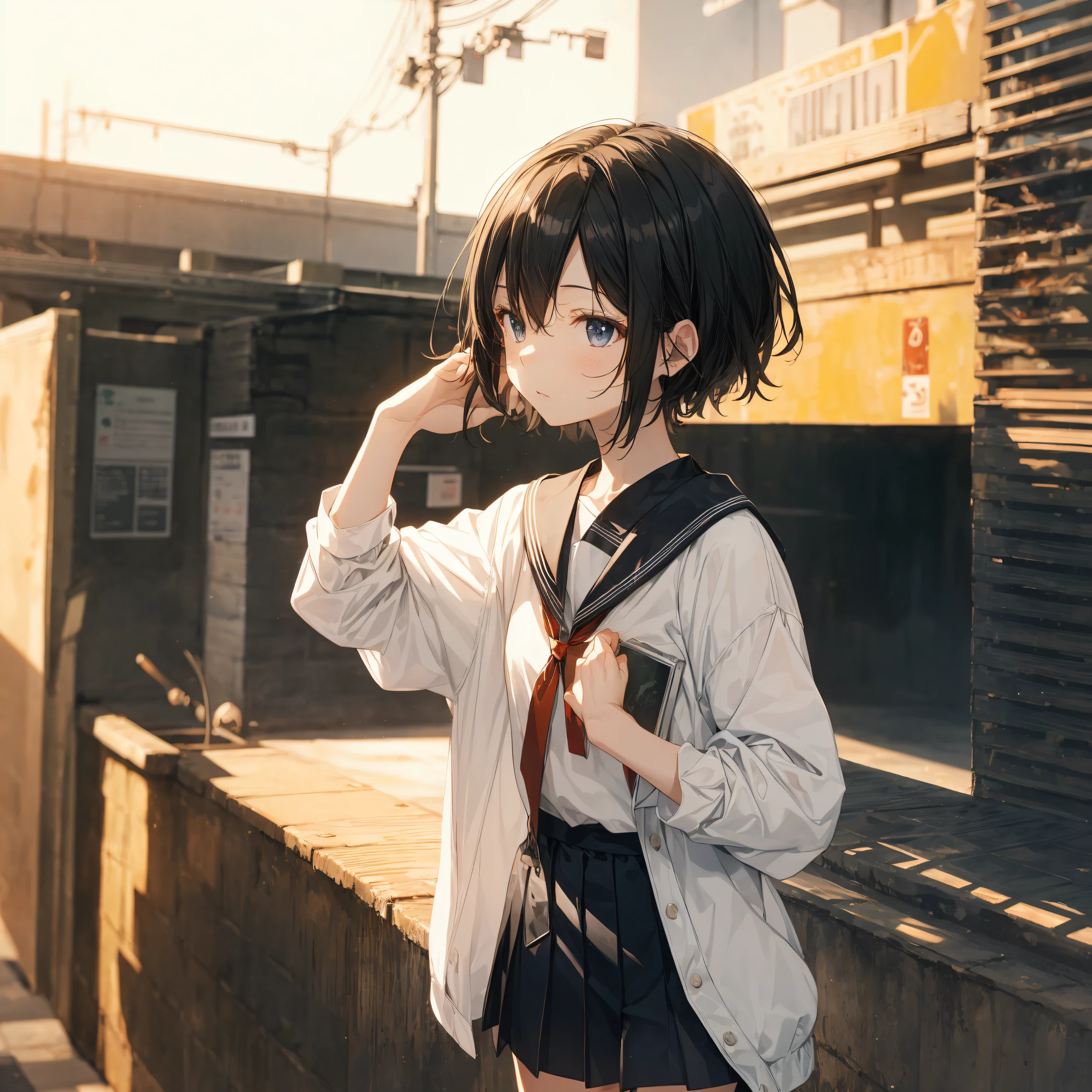Super high quality by the art god, Ultra-detailed, High resolution, anime moe art style, Best Anime 8K Konachan Wallpapers, Pixiv Contest Winner, Perfect Anatomy, BREAK,(Draw a girl sleepily walking to school. ),BREAK, 1girl in, (Solo,Lori,child,13years:1.3),Full limbs, complete fingers,a junior high school student, Androgynous attraction, (Very short hair), Sleeping hair, hair messy, flat chest, Small butt, groin, Small eyes,Beautiful detailed black eyes, Well-proportioned iris and pupils, disgusted eye, High resolution detailed hair, School uniform, Skirt, On the way to school. BREAK,super detailed skin, Best lighting by famous artists, 8K, Illustration,