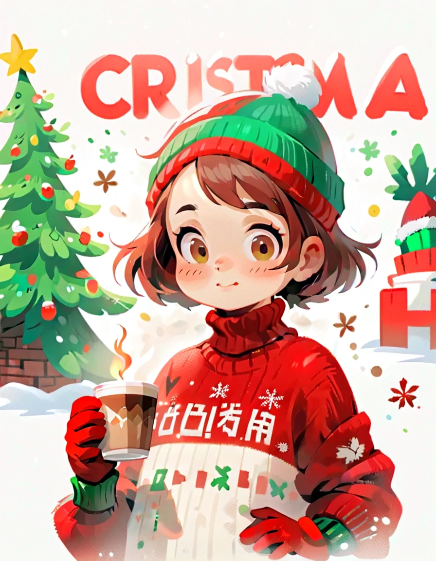 Minimalism, simplicity, graffiti, English magazine cover, (cartoon girl: 1.5), bust, playful expression, short hair, red Christmas beanie, red Christmas turtleneck, wearing red and green gloves, red, Snow, big English letters, hot coffee, Christmas tree, white background,